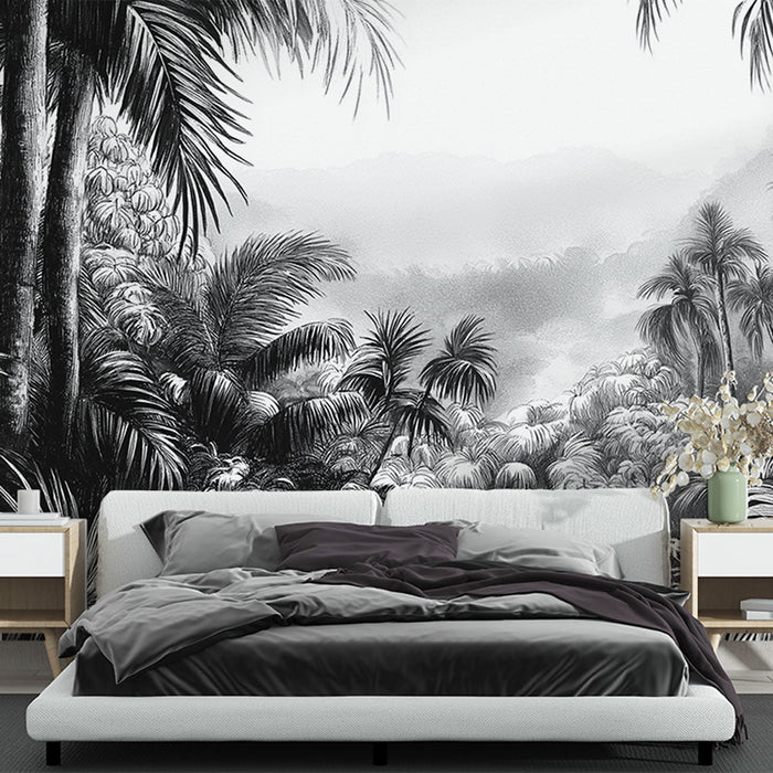 Mural Wallpaper džungla monokrom | Tropski krajolik u crno-bijeloj boji
