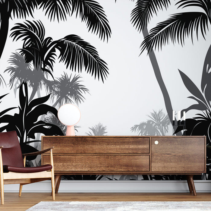 Carta da parati giungla monocromatica | Silhouettes di palme e fogliame in bianco e nero