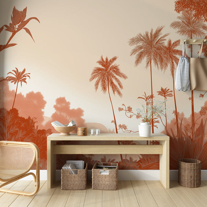 Foto Behang orman | Sarı tonlarda palmiye ağaçları ve tropikal bitkilerin lüks motifleri