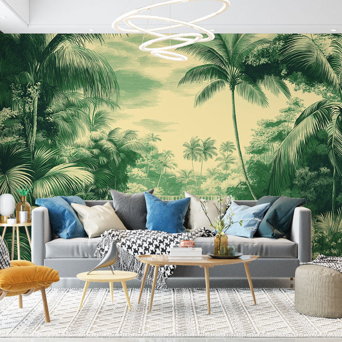 Mural Wallpaper jungle | Tropical pattern with palm trees and an ancient bridge