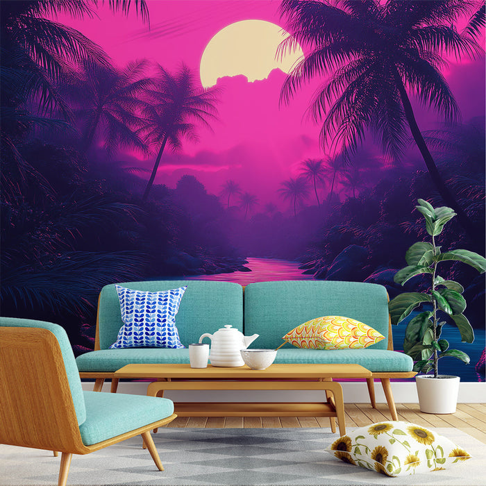 Tapet mural jungle neon | Un peisaj acvatic vibrant la începutul unei jungle tropicale.