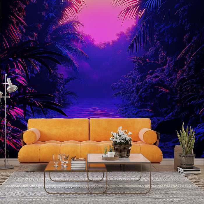 Foto Behang jungle nacht | Mystieke rivier verlicht door paarse en roze tinten