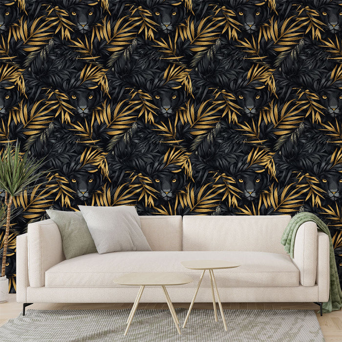 Fototapeet džungli musta ja kuldsega | Kiskjate pead tõusevad luksuslikust taimestikust