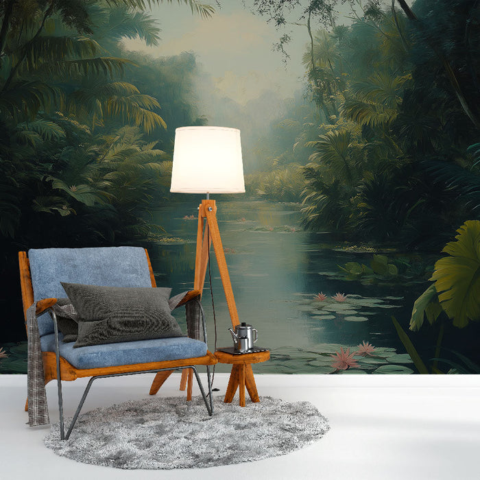 Tapet mural jungle liniștit | Reflecție liniștită a unui lac înconjurat de vegetație luxuriantă