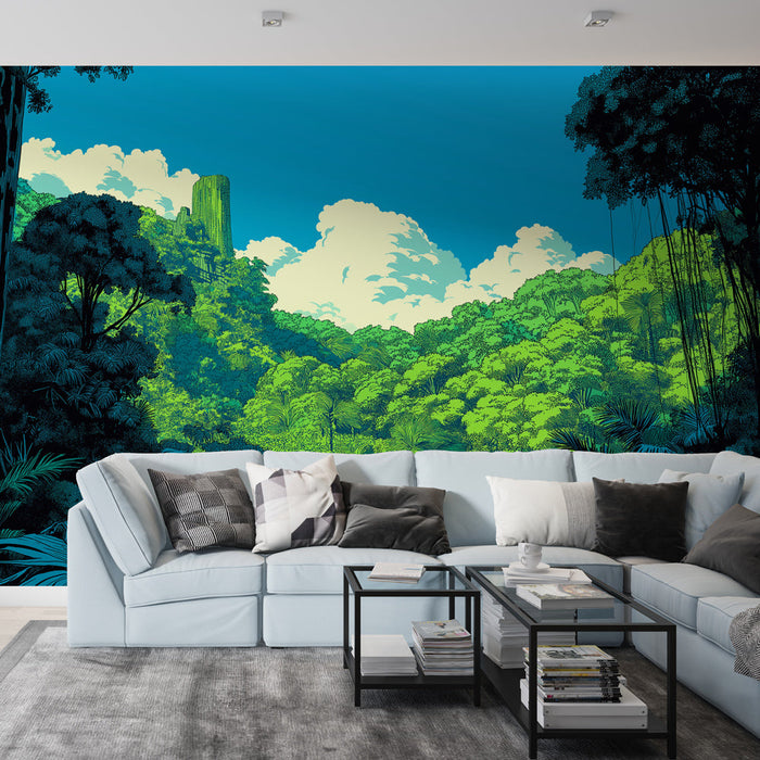 Fototapet jungle | Peisaj luxuriant cu nuanțe de verde și un cer albastru