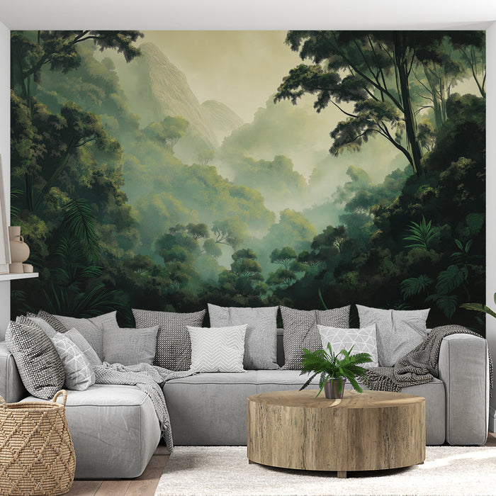 Μουραλ ταπετσαρία ζούγκλα | Πλούσιο τοπίο του τροπικού δάσους με λεπτή ομίχλη
