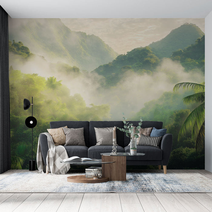 Papel de parede selva | Paisagem exuberante de vegetação tropical com leve neblina