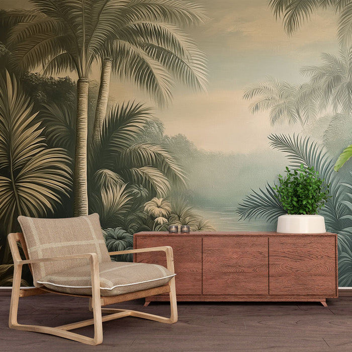 Papel de parede jungle | Paisagem tropical com palmeiras e folhagem exuberante