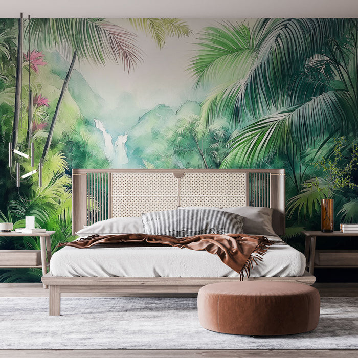 Papel de parede selva | Paisagem tropical exuberante com cachoeiras