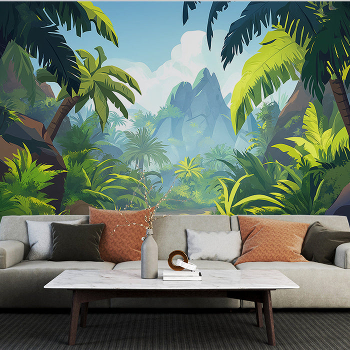 Fototapet jungel | Frodig tropisk landskap med palmer og steiner
