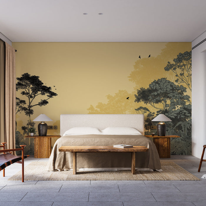 Tapeta dżungla | Kontury drzew na miękkim żółtym tle