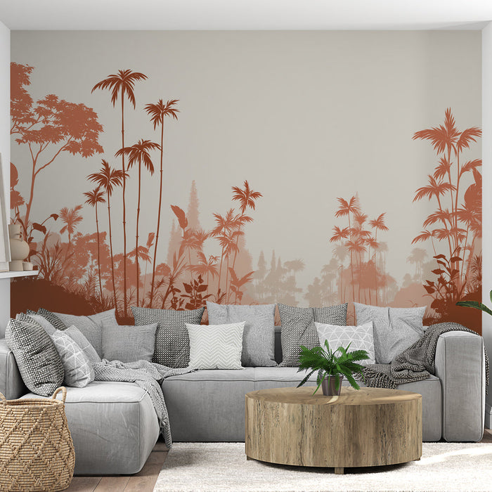 Fototapet orman | Palmiye ağaçlarının ve yaprakların silüetleri okra tonlarında