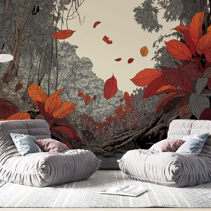 Fototapet jungle stilize | Hareket halinde kırmızı ve turuncu yapraklar