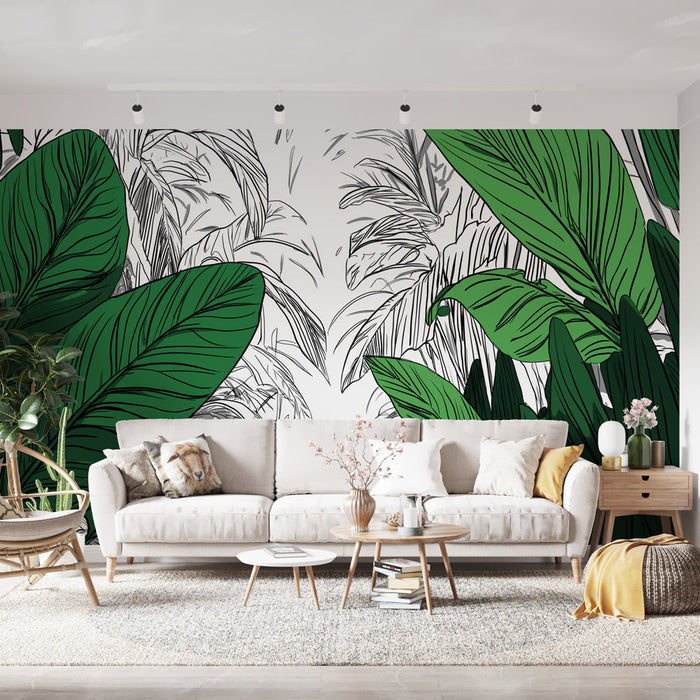 Tapeta džungle | Přepychující se zelené listy a tajemná silueta