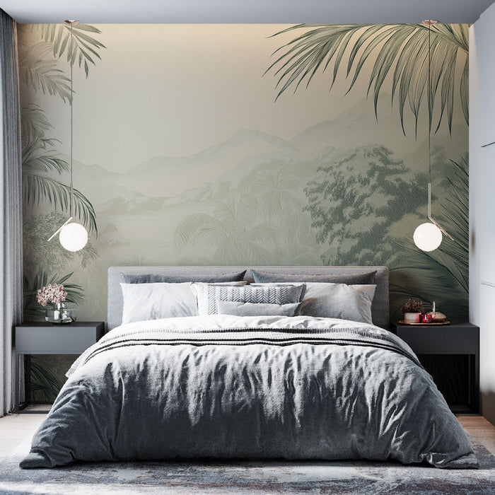 Mural Wallpaper subtle jungle | Monochrome tropical vegetation on soft background