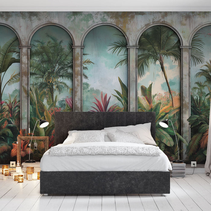Papel pintado de selva tropical | Arcos elegantes rodeando una exuberante vegetación tropical
