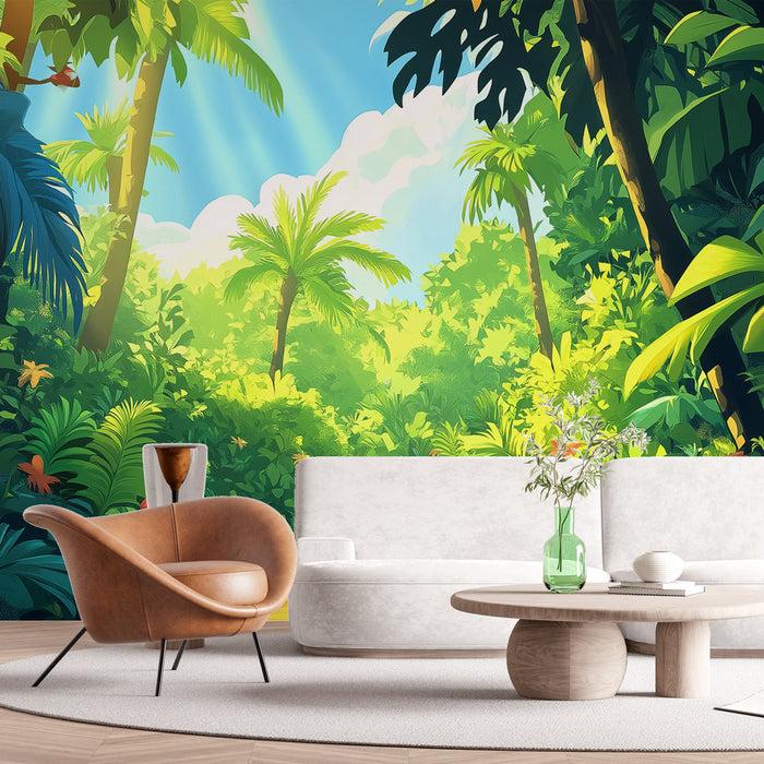 Fototapet tropisk djungel | Stig i frodig grönska med färgglada blommor