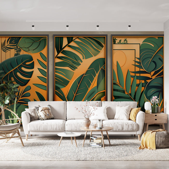 Fototapet tropski džungel | Razkošni listi na svetlo zlatem ozadju