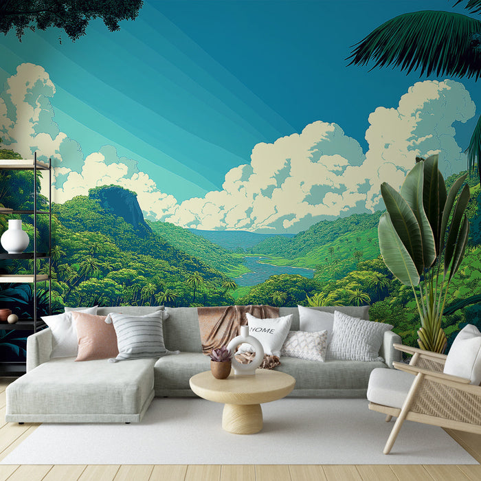 Mural Wallpaper tropical jungle | Lush landscape with aquatic backgrounds and blue sky
