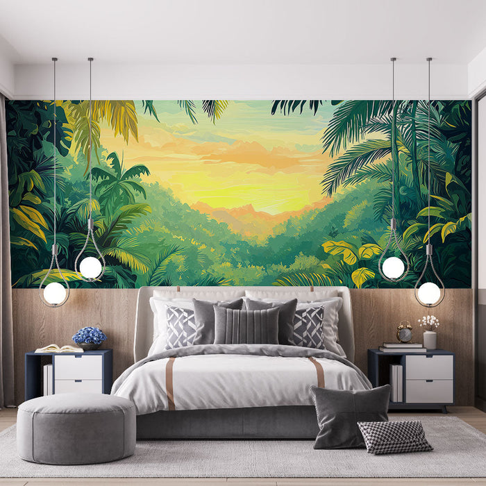 Falfestmény tapéta trópusi dzsungel | Bujas tájkép színes palettával naplementekor