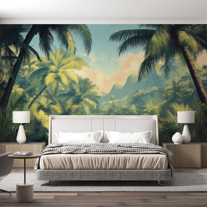 Mural Wallpaper tropical jungle | Peaceful beach surrounded by lush palm trees