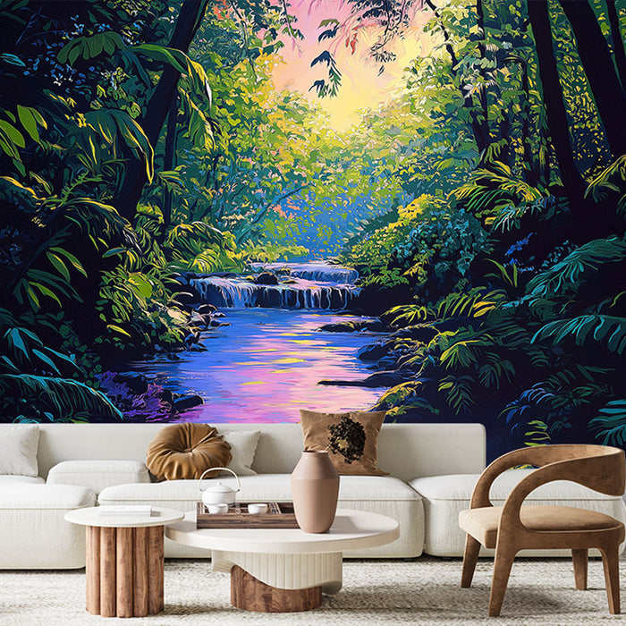 Carta da parati giungla tropicale | Scena rilassante di un fiume circondato da fogliame lussureggiante