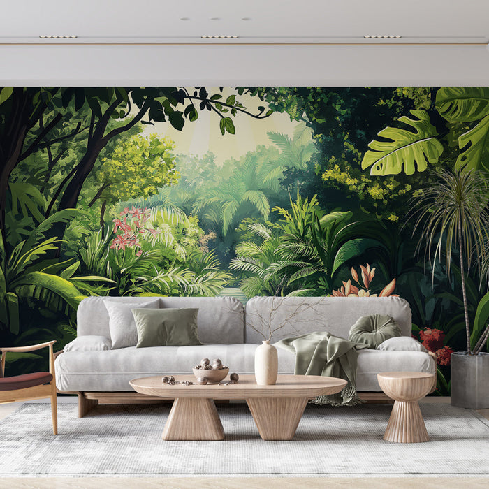 Fototapet tropikal orman | Renkli yapraklar ve çiçeklerle dolu bir yeşillik manzara