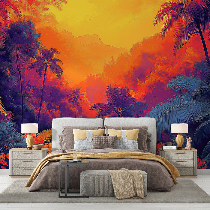 Papel de parede mural selva tropical | Uma paisagem vibrante com palmeiras coloridas e um céu flamboyant