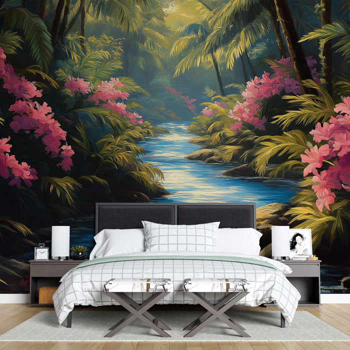 Fototapet tropisk jungle | En glitrende strøm omgivet af lyserøde blomster
