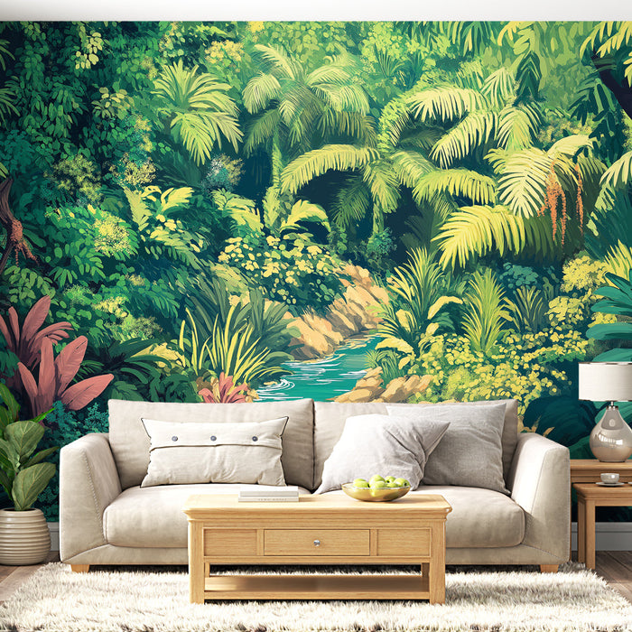 Tapet jungle | Un model luxuriant de verdeață și apă proaspătă