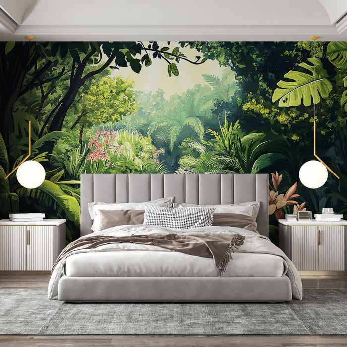Papel de parede selva | Uma paisagem tropical luxuosa com rio e flores coloridas
