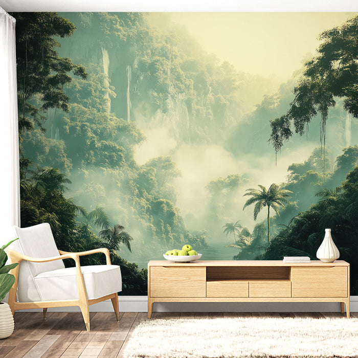 Fototapet jungle | Et mystisk tropisk landskap med palmer og tåke