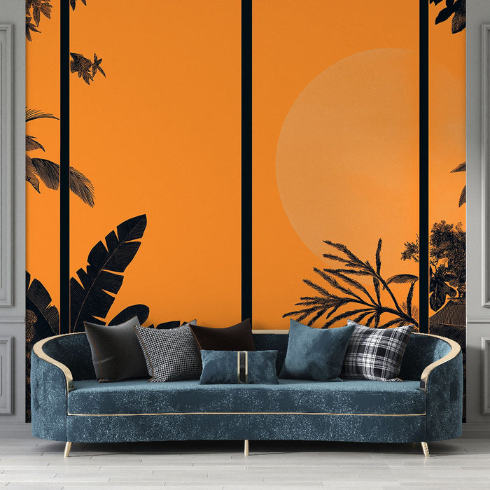 Tapete джунгла | Тропически пейзаж на оранжев фон с контури на растителност