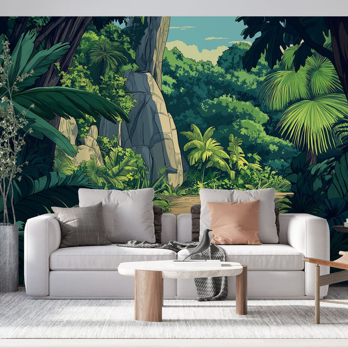 Fototapet jungle | Et frodig landskap med frodig løvverk og steiner