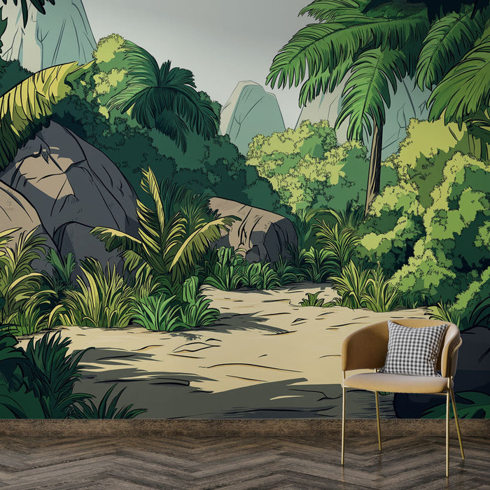 Mural Wallpaper jungle | A lush tropical scene with palm trees and rocks