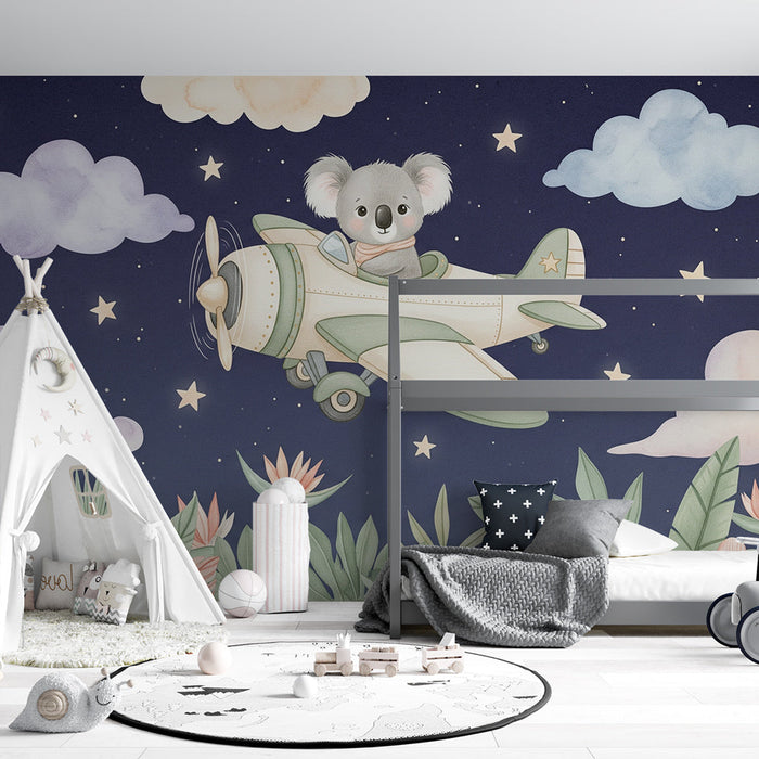Mural Wallpaper koala plane | A cute koala flying into the stars