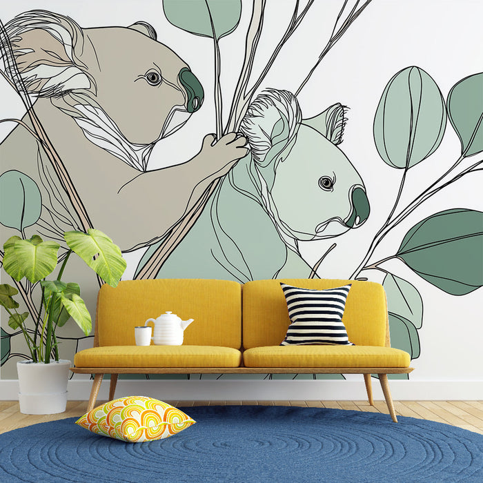 Papel de parede mural de koala | Dois coalas adoráveis cercados por folhagem delicada