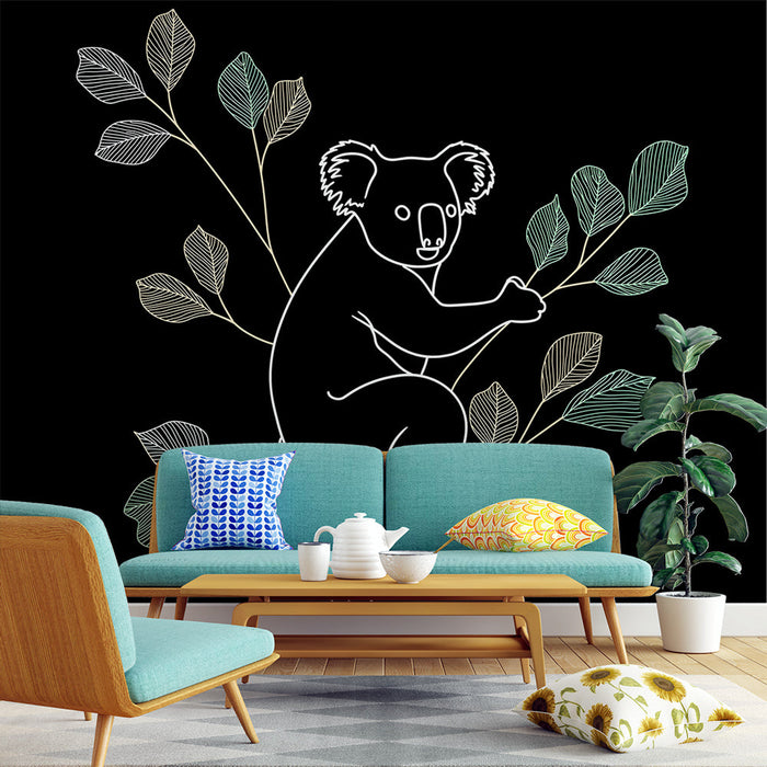 Papel de parede mural koala | Ilustrações gráficas de um koala em um fundo preto com folhas estilizadas