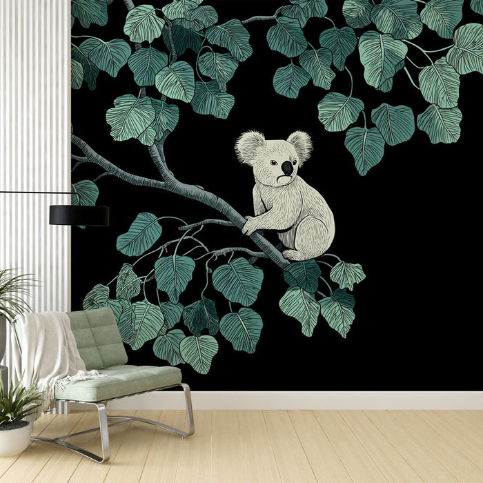 Papel de parede mural koala | Um adorável koala empoleirado em um galho, cercado por folhas elegantes