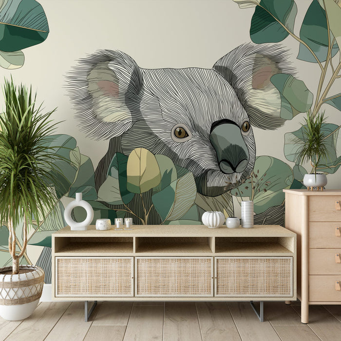 Fototapet koala | Diskretni koala obkrožen z nežnim listjem