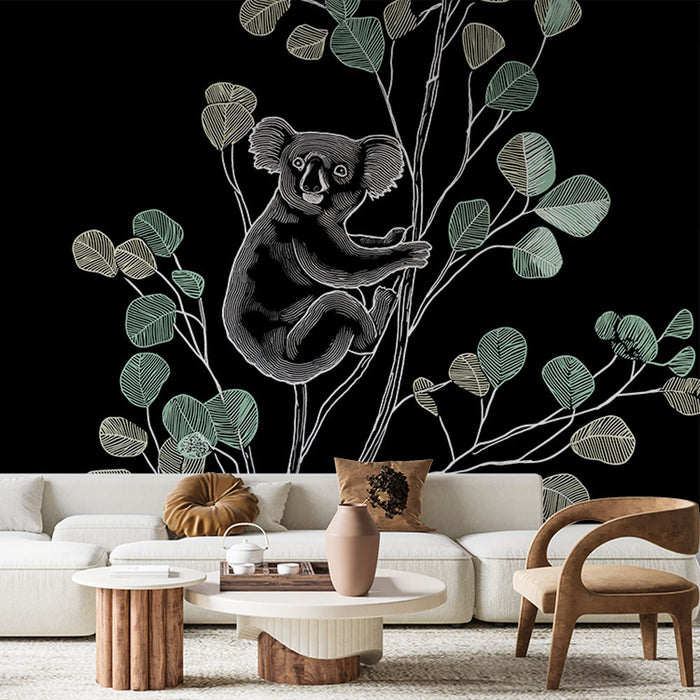 Papel de parede mural koala | Um coala estilizado empoleirado em um galho cercado por folhagem delicada