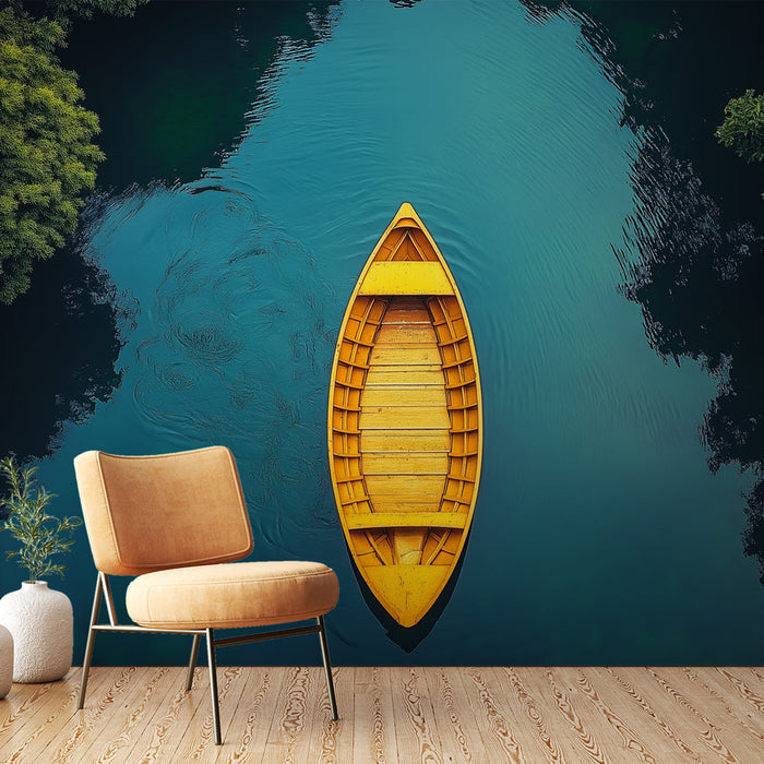 Carta da parati lago | Barca gialla su un lago tranquillo circondato dal verde