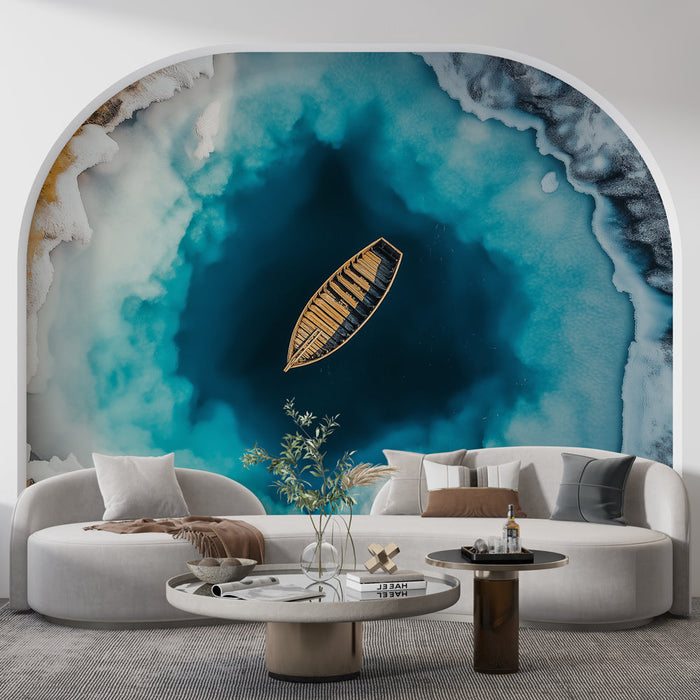 Foto Behang meer en boot | Modern aquatisch landschap met een boot op een turquoise meer