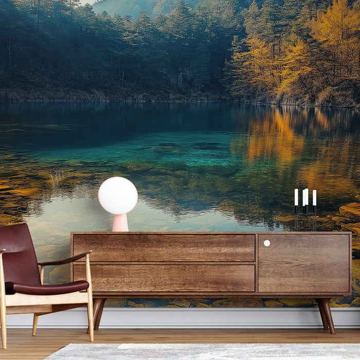 Tapet fredelig sø | Gyldne refleksioner og krystalklare vande i en sø midt i bjergene