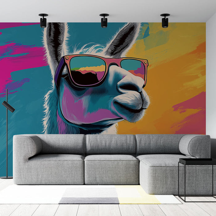 Ταπετσαρία τοιχογραφίας στιλιζαρισμένο λάμα | Κουλ λάμα με γυαλιά ηλίου σε πολύχρωμο φόντο