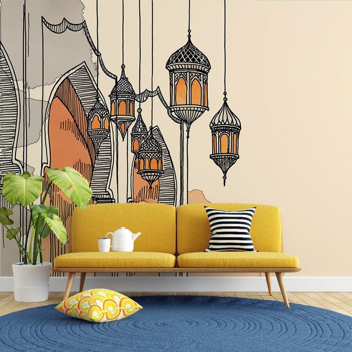 Ταπετσαρία με Μαροκινούς φανός | Η κομψότητα των κρεμαστών φανών σε μια απαλή φόντο