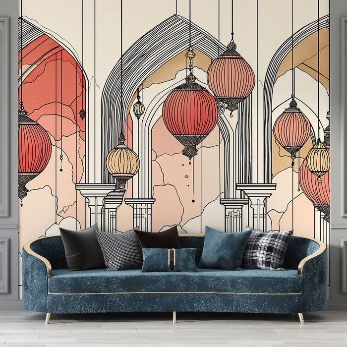 Tapeta orientální lampiony | Elegantní lampiony visící v architektonických obloucích
