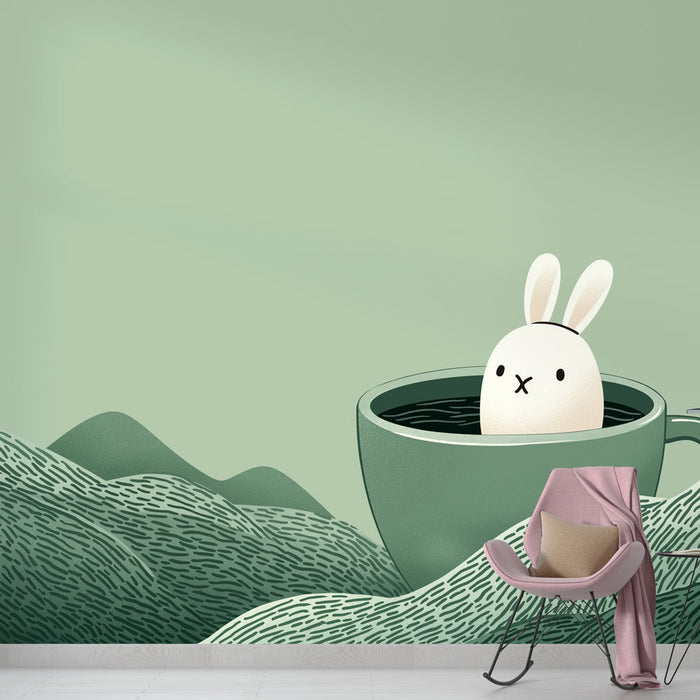 Mural Wallpaper rabbit in a cup | A charming white rabbit emerging from a cup against a backdrop of gentle hills