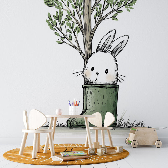 Fotótapé nyúl és fa | Egy aranyos nyúl egy csizmában zöld fával