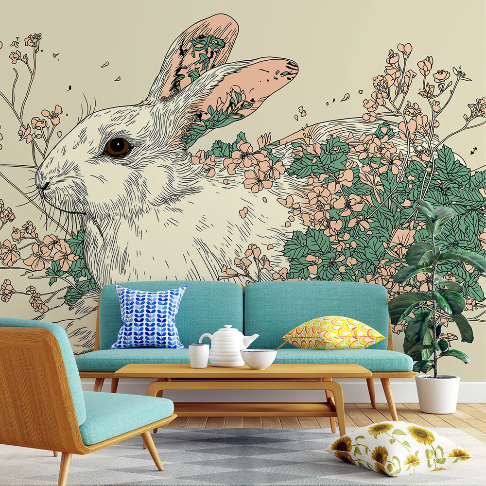 Floral Bunny Mural Wallpaper | An adorable bunny surrounded by delicat —  WonderMural, image size:1000x1000